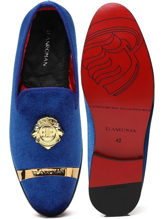 ELANROMAN Men\'s Blue Velvet Loafers Dress Gold Buckle Wedding Party Prom Shoes